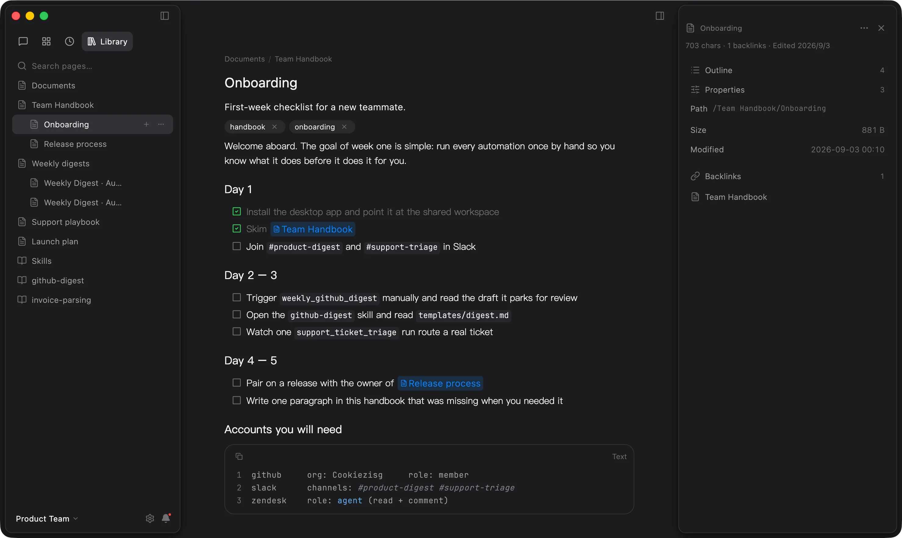 The Onboarding page: checklist, wikilinks to other pages, inline code, and a code block, all in the native editor.