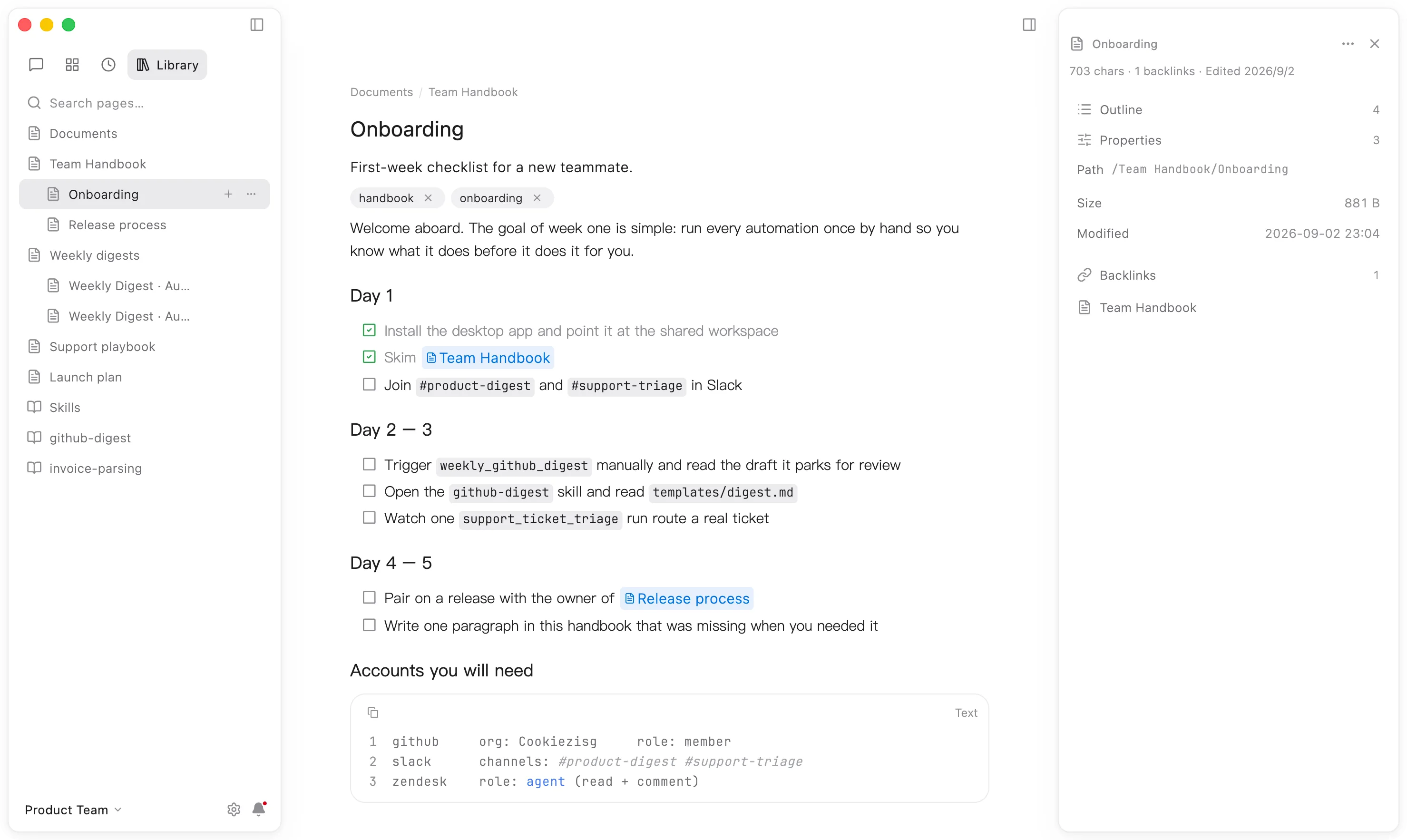 The Onboarding page: checklist, wikilinks to other pages, inline code, and a code block, all in the native editor.