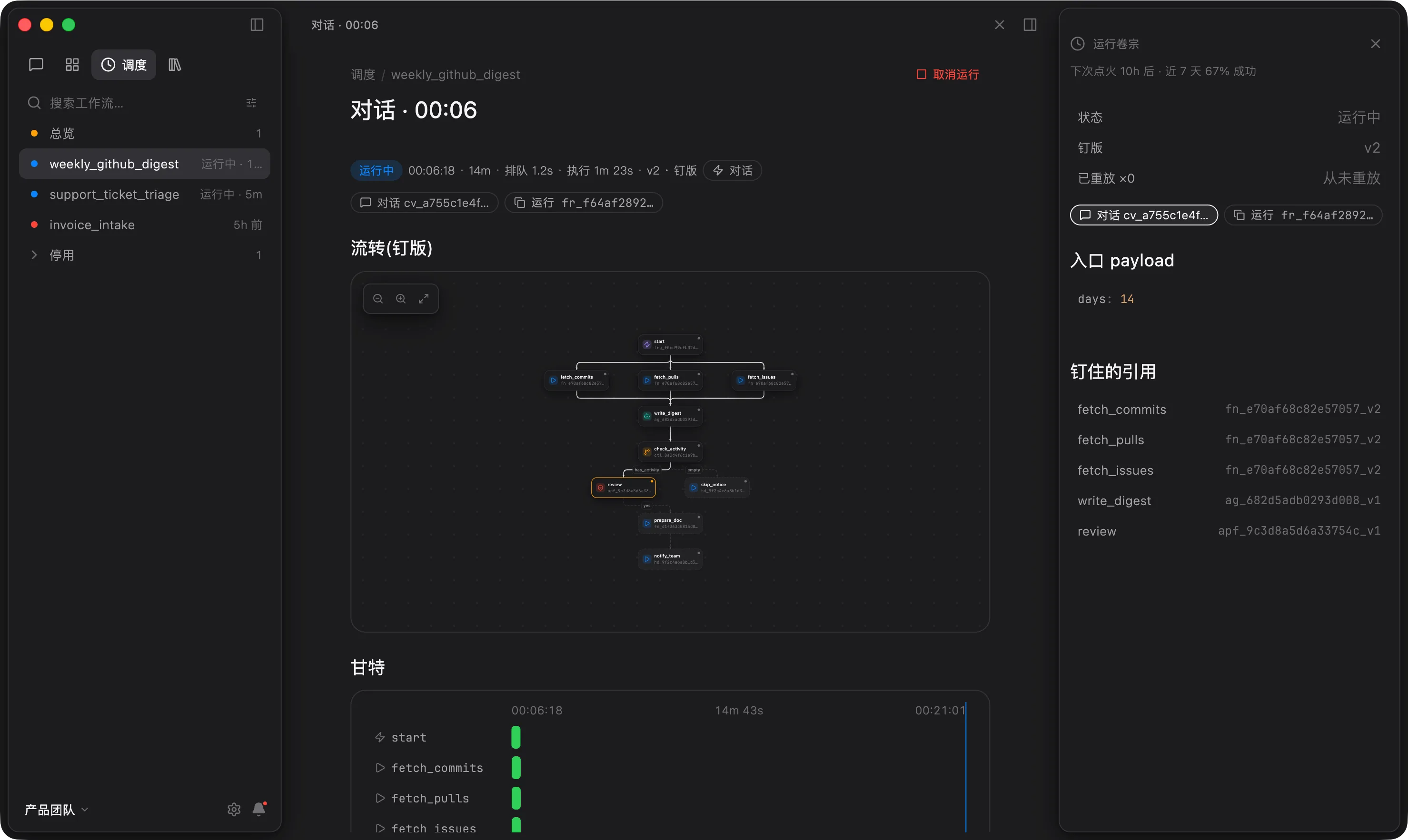 运行开始时钉住工作流版本和每个引用实体的版本。编辑 Agent 或函数不会影响任何已经在途的运行。