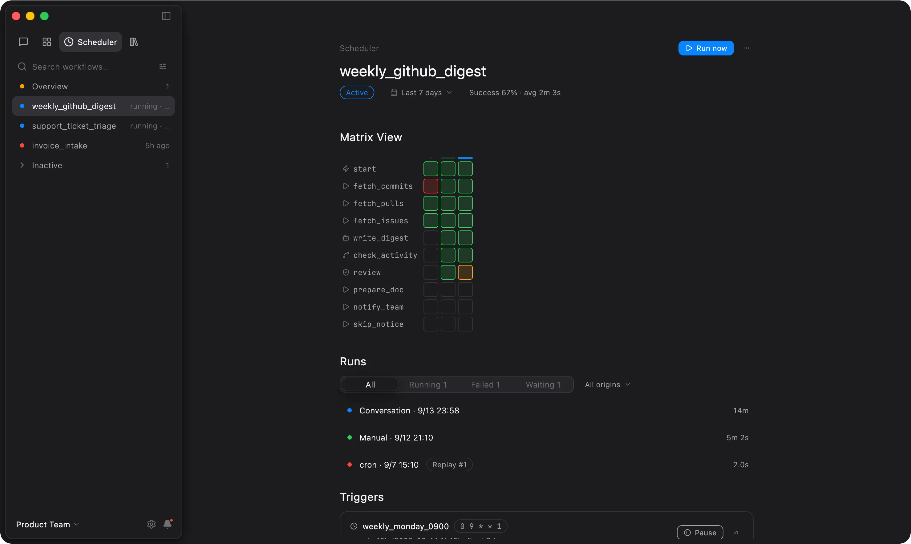 An earlier run failed at fetch_commits with a 502 from GitHub. Anselm added retry with backoff to the Function, published version 2, and every later run used it. All runs stay in the matrix, including the failed one.