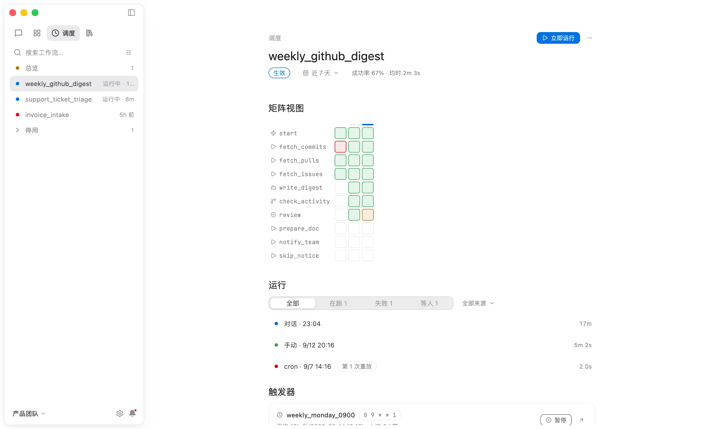 早先一次运行在 fetch_commits 收到 GitHub 502 而失败。Anselm 给函数加上退避重试，发布 v2，之后的运行都用新版本。所有运行都留在矩阵里，包括失败的那次。