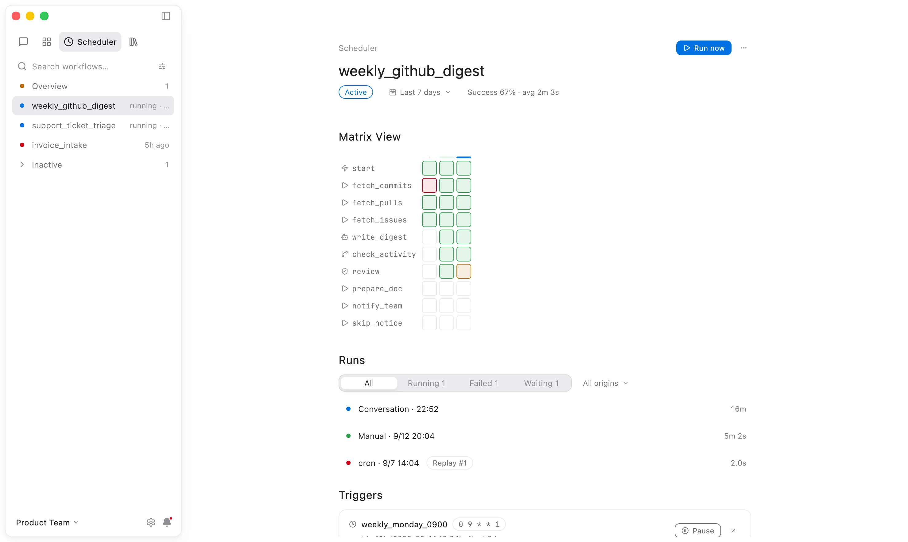 An earlier run failed at fetch_commits with a 502 from GitHub. Anselm added retry with backoff to the Function, published version 2, and every later run used it. All runs stay in the matrix, including the failed one.